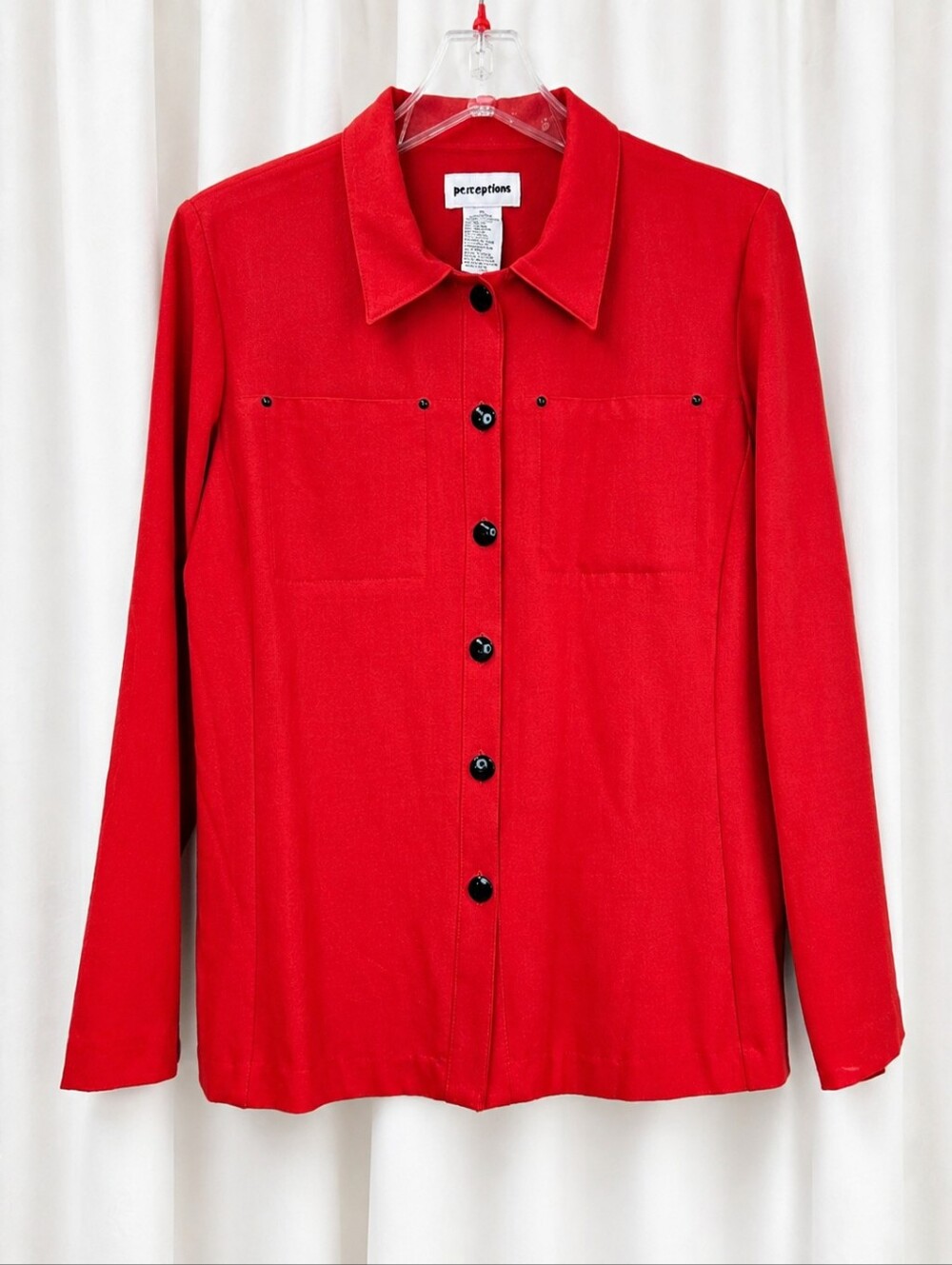 Vintage Perceptions Rich Red Button Front Stud Pocket Classic Minimalist Blouse